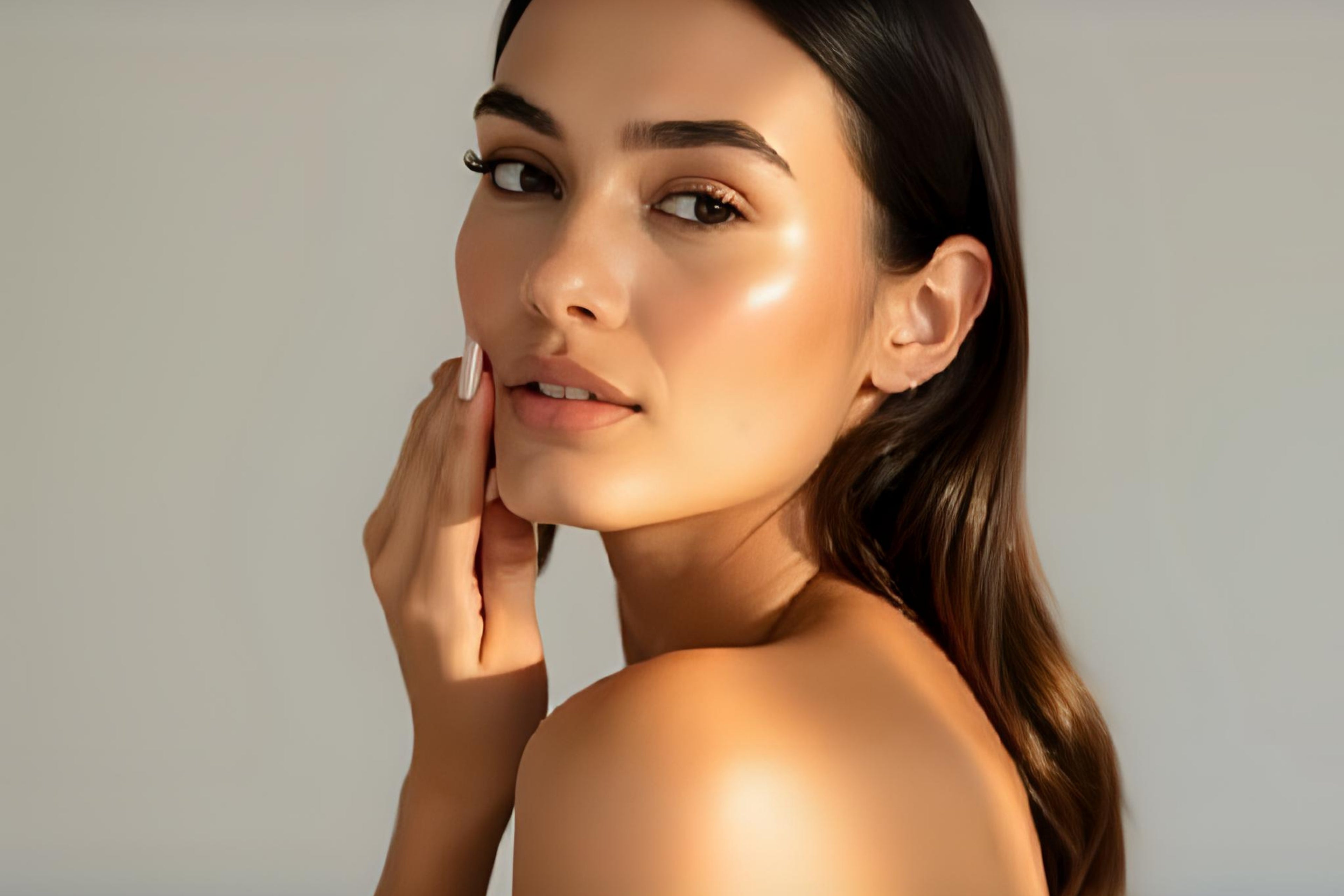 Woman with a soft smile touching her face against a neutral background