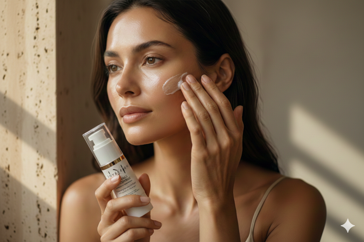Woman applying skincare product to her face with a bottle in a softly lit room.